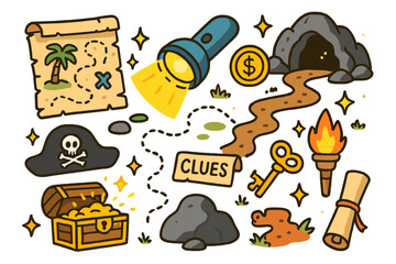 Fototapeta premium Children's Treasure Adventure. Colorful Hand-drawn doodle Children illustration Treasure Hunt with Flashlight treasure map, flashlight, gold coin, cave, rock,