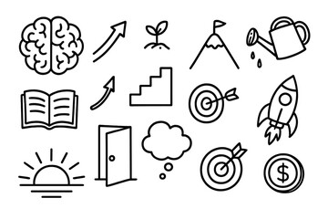 Entrepreneurial Growth Icons. Hand-drawn doodle illustration entrepreneurial growth mindset brain, arrow up, seedling, watering can, mountain, staircase, book,