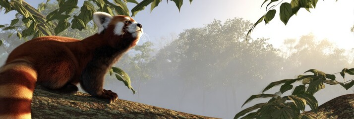 Obraz premium Red panda on branch in misty forest