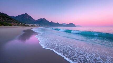 Fototapeta premium Ocean Wave Rolling on Sandy Beach at Sunrise with Rocky Mountain Backdrop under Soft Purple and Pink Sky