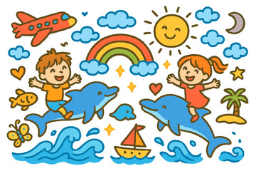 Dolphin Adventure. Colorful Hand-drawn doodle Children illustration Flying with Dolphins dolphin, waves, airplane, rainbow, sun, sparkles, clouds, fish, heart,