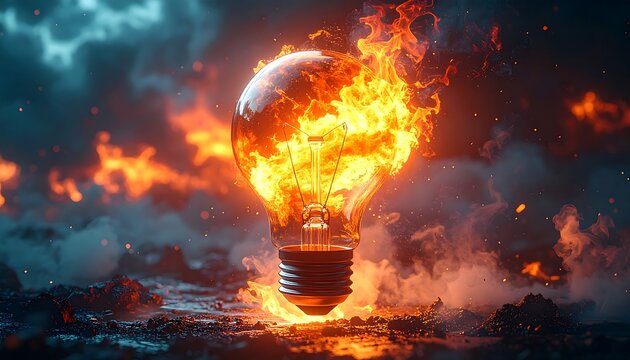 Fiery incandescent bulb amidst smoke and embers - Powered by Adobe