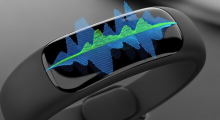 Fitness tracker displaying a vibrant blue and green waveform on its sleek black screen