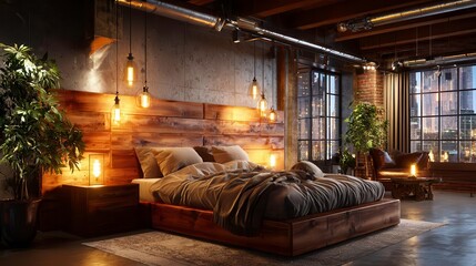 Loft Bedroom Design: Modern Interior with City View and Wood Bed