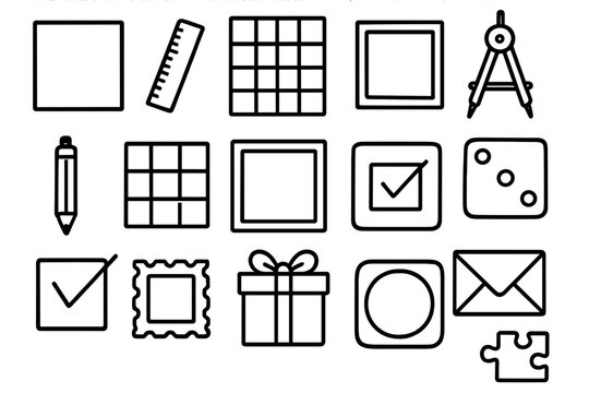 Square Doodle Icons. Hand-drawn doodle illustration Square basic square shape, ruler, grid, compass, pencil, square tile, frame, square window, checkbox,
