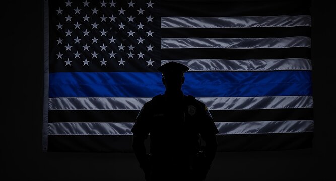 Silhouette of a law enforcement officer standing in front of a thin blue line flag, patriotic image, support, respect, honor, symbol of service