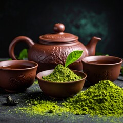 Organic green tea set with fresh tea leaves in a bowl
