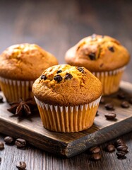 Three muffins on a wooden board