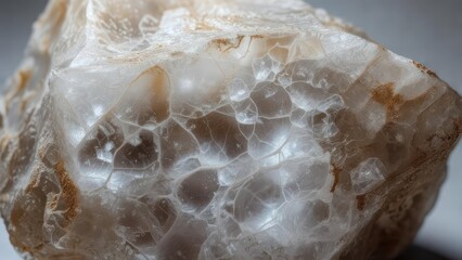 Stunning macro view reveals intricate crystalline structure of translucent geological mineral with subtle golden veins, showcasing nature's raw beauty and complexity.