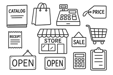 Retail Doodle Icons. Retail. Hand-drawn doodle illustration catalog, shopping bag, barcode, cash register, price tag, receipt, store building, cart,