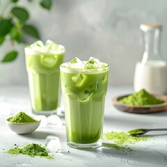 Fototapeta premium Delicious green tea set in an illustration glass