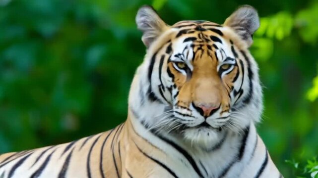 Majestic tiger resting in lush forest foliage, showcasing its striking pattern and regal presence.