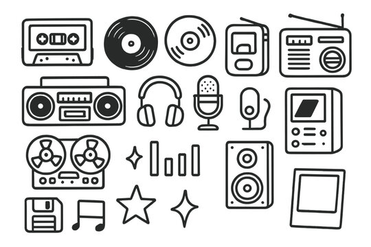 Retro Music Doodles. Hand-drawn doodle illustration Music Tech Nostalgia [cassette tape, vinyl record, CD, Walkman, radio, boombox, headphones, microphone,