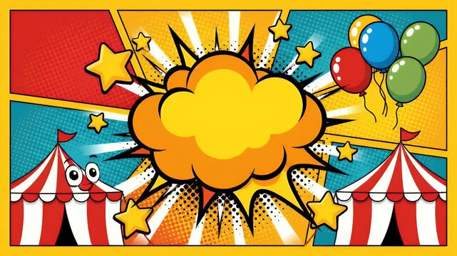 Vibrant circus theme with festive balloons, stars, and a playful tent creates an energetic, exciting scene perfect for celebrations
