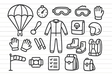 Parachuting Gear Icons. Hand-drawn doodle illustration parachuting gear parachute, altimeter, goggles, gloves, jumpsuit, reserve chute, ripcord, hook, straps,