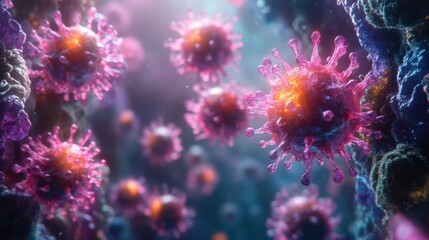 Multiple Coronavirus Particles with Spikes, Microscopic View