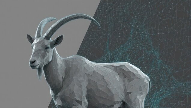 Stunning low-poly ibex animal rendered with intricate geometric detail and a futuristic digital network overlay