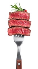 Three slices of cooked steak on a fork