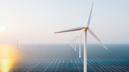 Fototapeta premium renewable,energy,projects Offshore wind turbines generate renewable energy over calm waters at sunrise.