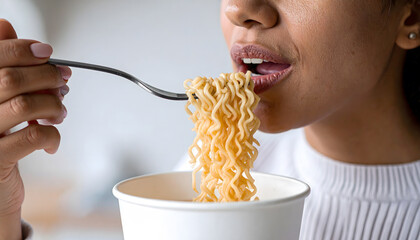 Young Woman Eating Instant Noodles From a Cup with a Fork.