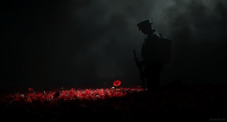 Fototapeta premium Silhouette of a soldier standing amidst red poppies at night, Remembrance Day, memorial, tribute, military