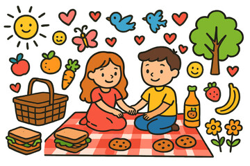 Fototapeta premium Cheerful Picnic Scene. Colorful Hand-drawn doodle Children illustration Picnic Date Basket, blanket, sandwich, fruits, couple sitting, holding hands, juice