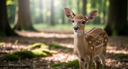 A fawn stands in a sunlit forest, its spotted coat a charming contrast to the dappled sunlight filtering through the trees.