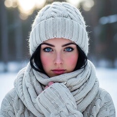 A winter's day portrait of a young woman, adorned with a warm, light gray knit hat and scarf, showcasing her striking blue eyes and soft, rosy cheeks against a softly blurred backdrop of snow.