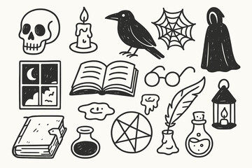 Gothic Reading Doodles. Hand-drawn doodle illustration Gothic reading mood [skull, candle, old book, spider web, dark window, raven, quill, wax pool, ancient