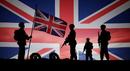 Silhouette of soldiers standing guard with a national flag during a remembrance ceremony