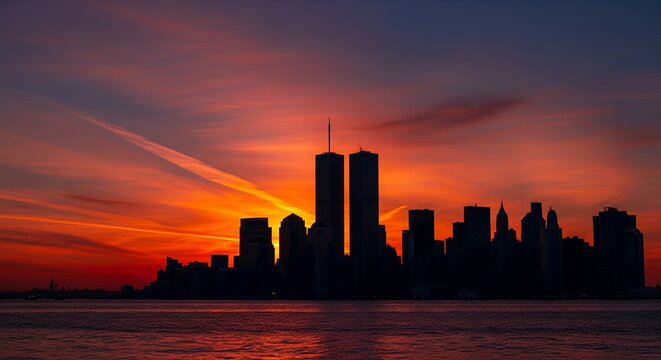 Silhouetted City Skyline at Sunset with Vibrant Orange Sky, Dramatic Clouds and Water