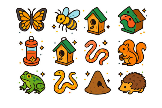 Garden Wildlife Icons. Colorful isometric vector icons set of Garden wildlife and pollinators: butterfly, honeybee, ladybug, hummingbird feeder, birdhouse,