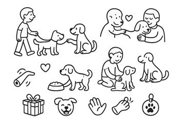 Naklejka premium Dog Owner Doodles. Hand-drawn doodle illustration Dog and Owner Bond dog and person, leash walk, handshake, cuddle, heart icon, playing ball, sitting together,