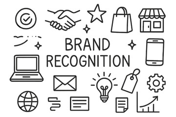 Fototapeta premium Branding Icons Doodle. Hand-drawn doodle illustration Brand Recognition [logo symbol, handshake, star, sparkle, shopping bag, storefront, smartphone, laptop,