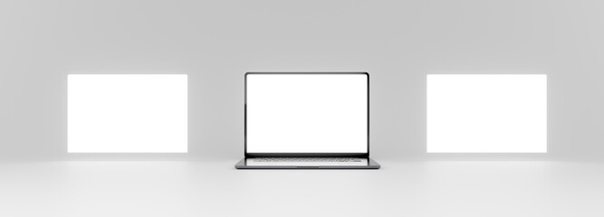 Sequence of three laptop screens with the computer in the middle and floating displays at the sides. Blank template for place your web page design, posts and carousels. Ready for mockup. High res.