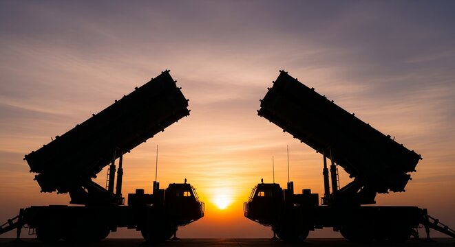 Silhouette of two military missile launchers at sunset, facing each other, powerful and dramatic image for defense, military, or technology concepts.