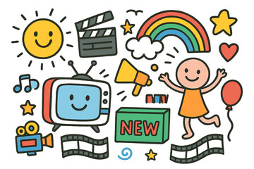 Joyful Cartoon Commercial. Animated Commercial. Colorful Hand-drawn doodle Children illustration cartoon TV screen, smiling sun, rainbow, dancing character,