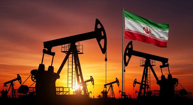 Silhouetted oil pumps at sunset with a flag waving in the background