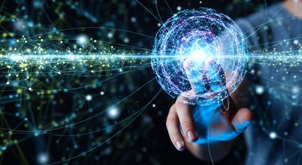 Hand interacts with a glowing digital globe and interconnected network lines, concept for artificial intelligence innovation, global communication solutions and data visualization strategy