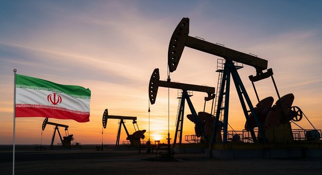 Silhouetted Oil Pumps at Sunset with a Flag, Energy Industry, Extraction, Petroleum Production, Global Energy