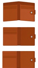 Three views of an open brown leather wallet