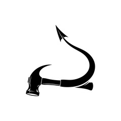 A striking black silhouette of a hammer seamlessly transitioning into a sharp arrow shape symbolizing direction and construction isolated on white background