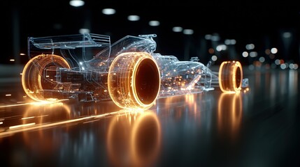 Glowing race car with orange wheels on a reflective dark surface.