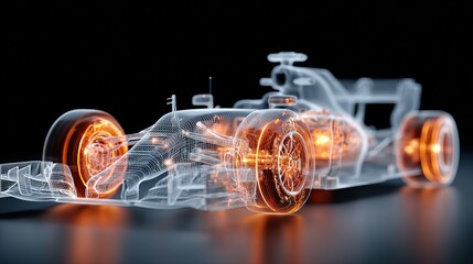 Formula one car wireframe with glowing orange details on a black background.