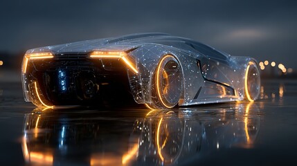 Futuristic car with glowing orange lights reflected on a wet surface at night.