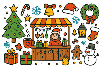 Festive Christmas Market Doodles. Christmas market and festive decorations. Colorful Hand-drawn doodle Children illustration Christmas tree, market stall, gift