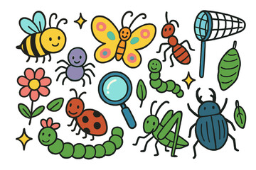 Colorful Insect Doodle. Colorful Hand-drawn doodle Children illustration Insects and Bugs bee, butterfly, ant, spider, ladybug, worm, beetle, grasshopper, net,