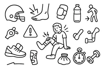Obraz premium Sports Injury Icons. Hand-drawn doodle illustration Sports Injury football helmet, ankle sprain, leg cast, pain lines, elbow pad, water bottle, stretching