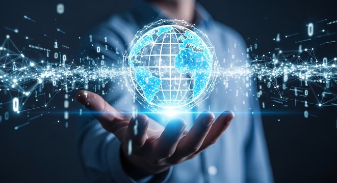 Man holds glowing globe with data stream emanating, digital network concept illustrated. Concept for global business, future technology and worldwide connectivity