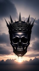 A dramatic skull adorned with a regal crown floats against a moody sunset backdrop.